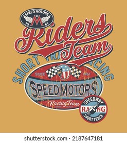 Speedway short track kid racing team vintage vector print for boy children t shirt with applique patch embroidery