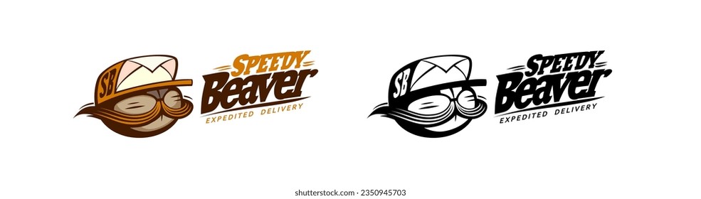Speedy Beaver delivery service vector logo template with mustache Beaver in envelope hat