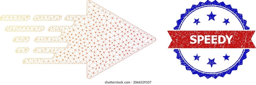 Speedy corroded badge, and rush arrow icon mesh structure. Red and blue bicolor stamp includes Speedy text inside ribbon and rosette. Abstract flat mesh rush arrow, designed with flat mesh.