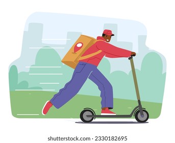 Speedy Courier Character Riding on Scooter For Quick And Efficient Deliveries Service. Zoom Through Traffic To Ensure Fast And Reliable Transportation Of Packages. Cartoon People Vector Illustration