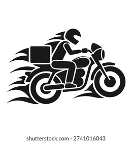 Speedy courier on motorcycle delivering package. Quick transport and logistics service. Motion blur and flame effect convey urgency. Fast delivery.