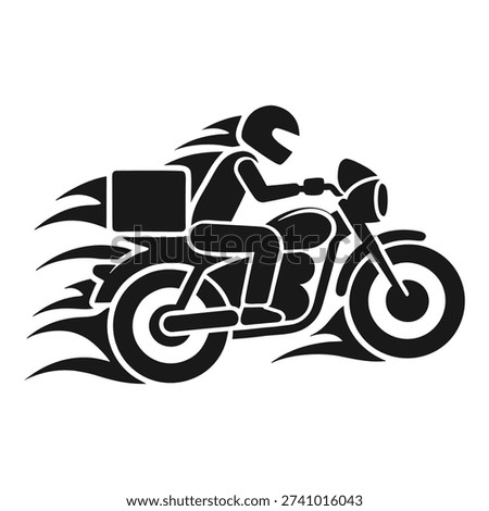 Speedy courier on motorcycle delivering package. Quick transport and logistics service. Motion blur and flame effect convey urgency. Fast delivery.