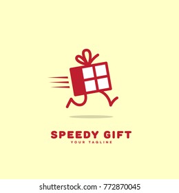 Speedy gift logo template design with a running box. Vector illustration.