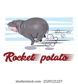 O Rápido Hipopótamo. Esta ilustração brincalhona apresenta um rápido hipopótamo pigmeu, humoristicamente apelidado de "Batata-Foguete", avançando com linhas de movimento em estilo cartoon e nuvens de poeira atrás dele.