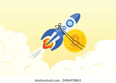 Speedy rocket ship holding bitcoin physical coin flying high through space cloud, Bitcoin price skyrocket hit record high, cryptocurrency investor got rich with growth high value trading (Vector)