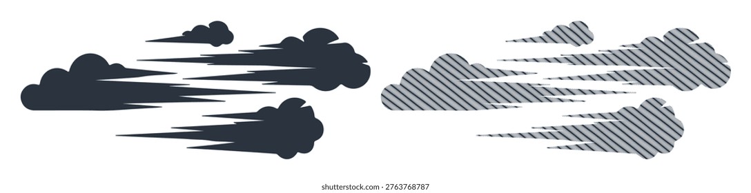 Speedy storm clouds moving across frame, atmospheric weather shapes, simple linear design.