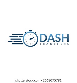 Logotipo de transferência rápida: cronômetro com linhas dinâmicas e negrito DASH marca de palavra. Vetor azul moderno para entrega, correio, transporte, transporte ou marca fintech.