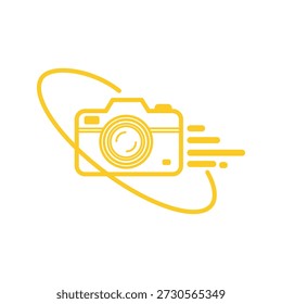 Speedy yellow camera icon with motion lines and orbit