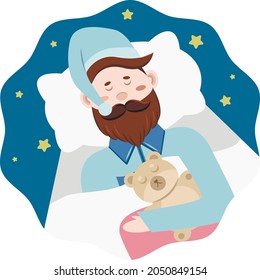 a speeping man with a his toy bear