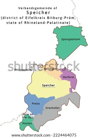Speicher verbandsgemeinde map of Eifelkreis Bitburg-Prüm district Rhineland-Palatinate state in Germany. Vectored. Colors shamrock, concrete, polo blue, drover, orchid, silver, caramel