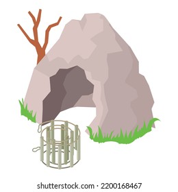 Speleological Equipment Icon Isometric Vector. Cave Entrance And Caving Ladder. Caving Equipment, Spelunking