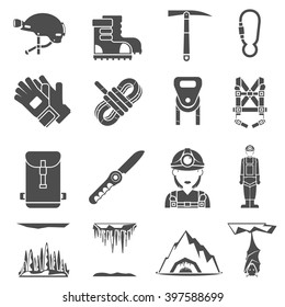 Speleologist caves exploration equipment black icons set with light harness fastener and lock abstract isolated  vector illustration  