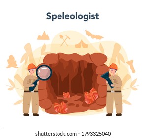 Speleologist concept. Scientst exploring deep cave with stalagmites and stalactites. Studying caves and other karst features, as well as their make-up and structure. Isolated vector illustration