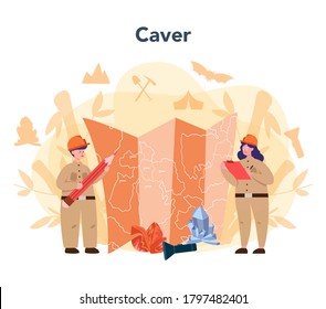 Speleologist concept. Scientst exploring deep cave with stalagmites and stalactites. Studying caves and other karst features, as well as their make-up and structure. Isolated vector illustration