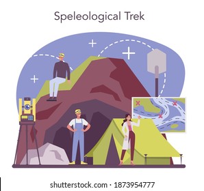 Speleologist concept. Scientst exploring deep cave with special tool. Studying caves and underground water. Isolated vector illustration