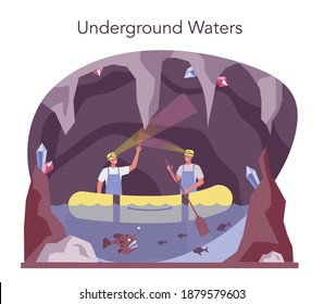 Speleologist concept. Scientst exploring deep cave with special tool. Studying caves and underground water. Isolated vector illustration