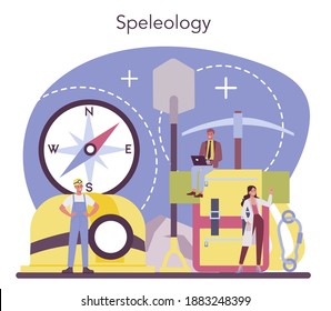 Speleologist concept. Scientst exploring deep cave with special tool. Studying caves and underground water. Isolated vector illustration