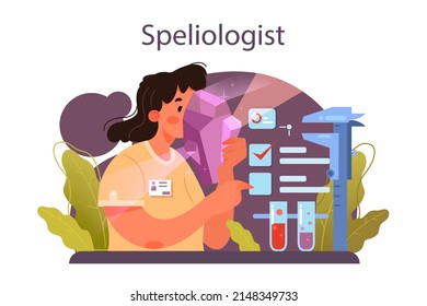 Concepto espeleólogo. Científico explorando cuevas profundas con una herramienta especial. Estudiando cuevas y agua subterránea. Ilustración vectorial plana