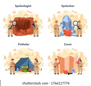 Speleologist concept set. Scientst exploring deep cave with stalagmites and stalactites. Studying caves and other karst features, as well as their make-up and structure. Isolated vector illustration