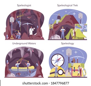 Speleologist concept set. Scientst exploring deep cave with special tool. Studying caves and underground water. Isolated vector illustration