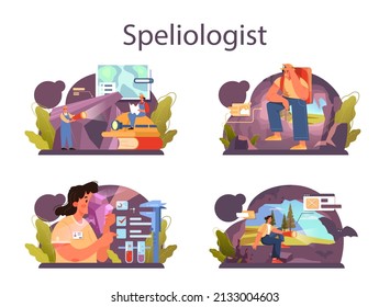 Speleologist concept set. Scientst exploring deep cave with special tool. Studying caves and underground water. Flat vector illustration