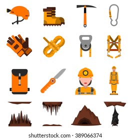 Speleologist in helmet with light harness equipment and ice axe flat icons set abstract isolated vector illustration  