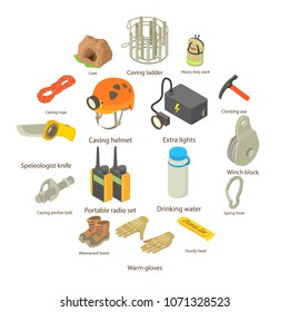 Speleologist icons set. Isometric illustration of 16 speleologist vector icons for web