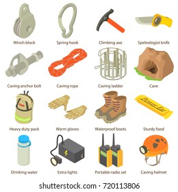 Speleologist icons set. Isometric illustration of 16 speleologist vector icons for web