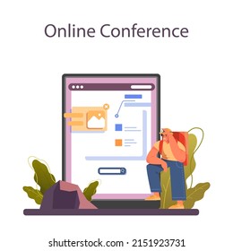Speleologist online service or platform. Scientst exploring deep cave. Studying caves and underground water. Online conference. Flat vector illustration