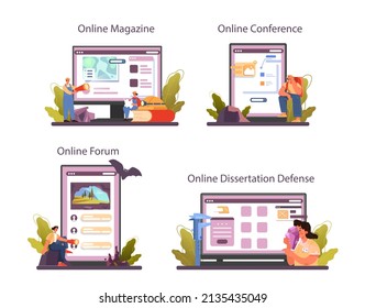 Speleologe Online-Service oder Plattform-Set. Wissenschaftler erkunden tiefe Höhle. Studium der Höhlen und des Untergrundwassers. Online-Forum, Magazin, Konferenz, Dessertation Verteidigung. Flache Vektorgrafik