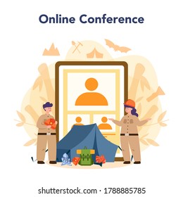 Speleologist online service or platform. Studying caves and other karst features. Online conference. Isolated vector illustration