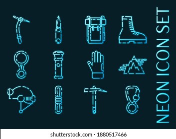Speleologist set icons. Blue glowing neon style