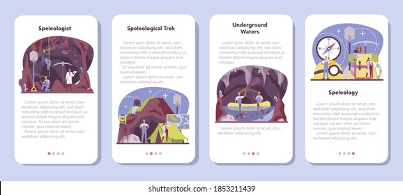 Speleologist web banner or landing page set. Scientst exploring deep cave with special tool. Studying caves and underground water. Isolated vector illustration