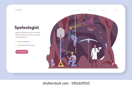Speleologist web banner or landing page. Scientst exploring deep cave with special tool. Studying caves and underground water. Isolated vector illustration