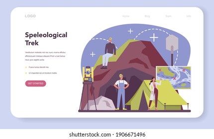 Speleologist web banner or landing page. Scientst exploring deep cave with special tool. Studying caves and underground water. Isolated vector illustration