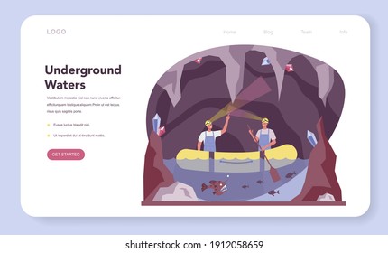 Speleologist web banner or landing page. Scientst exploring deep cave with special tool. Studying caves and underground water. Isolated vector illustration