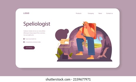 Speleologist web banner or landing page. Scientst exploring deep cave with special tool. Studying caves and underground water. Flat vector illustration