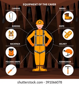 Speleologists caving equipment for underground exploring surveying and protection pictorial infographic elements flat banner abstract vector illustration