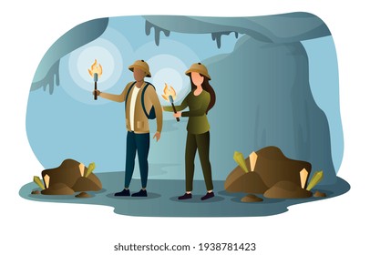 Speleologists is exploring huge underground cave with the flame of torch. Flat abstract metaphor outline cartoon vector illustration concept design. Simple art isolated on white background.