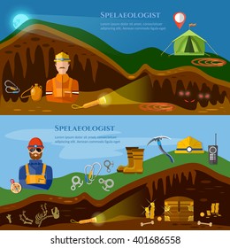 Speleology banners caves study underground mines vector illustration 