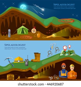 Speleology banners caves study underground mines vector illustration 