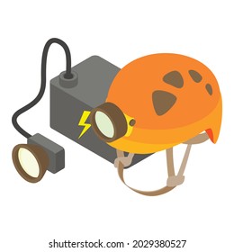 Speleology equipment icon isometric vector. Caving helmet and extra light. Cave exploration icon