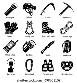 Speleology equipment icons set. Simple illustration of 16 speleology equipment vector icons for web