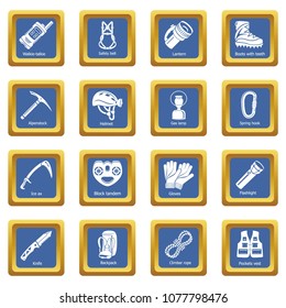 Speleology equipment icons set vector blue square isolated on white background 