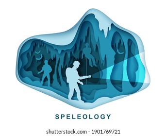 Speleology. Spelunker and bat silhouettes in underground cave, vector illustration in paper art style. Extreme exploration, scientific study of caves. Sport tourism.