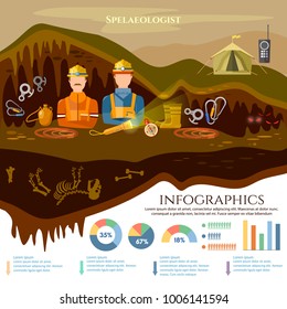 Speleology spelunker infographic elements, study of underground caves vector illustration 