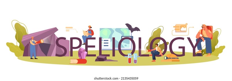 Speleology typographic header. Scientst exploring deep cave with special tool. Studying caves and underground water. Flat vector illustration