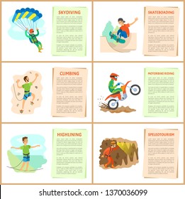 Speleotourism and skydiving hobbies of people vector, active lifestyle. Highlining and wall climbing of man, motorbike riding and skateboarding in city