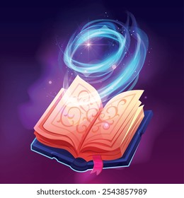 Spell book cast. Fantasy rpg game books spelled magic spells, wizard or witch casting spelling glow energy witchcraft sprite, cartoon fairytale storybook swanky vector illustration original artwork