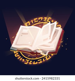 Vertido del libro ortográfico. Magia brujería abrir libro de hechizos con páginas rotas icono de juego para la interfaz gráfica de menú, grimoire de colores fantasmales con hechizo mágico brillante. Ilustración vectorial. Literatura mística educativa